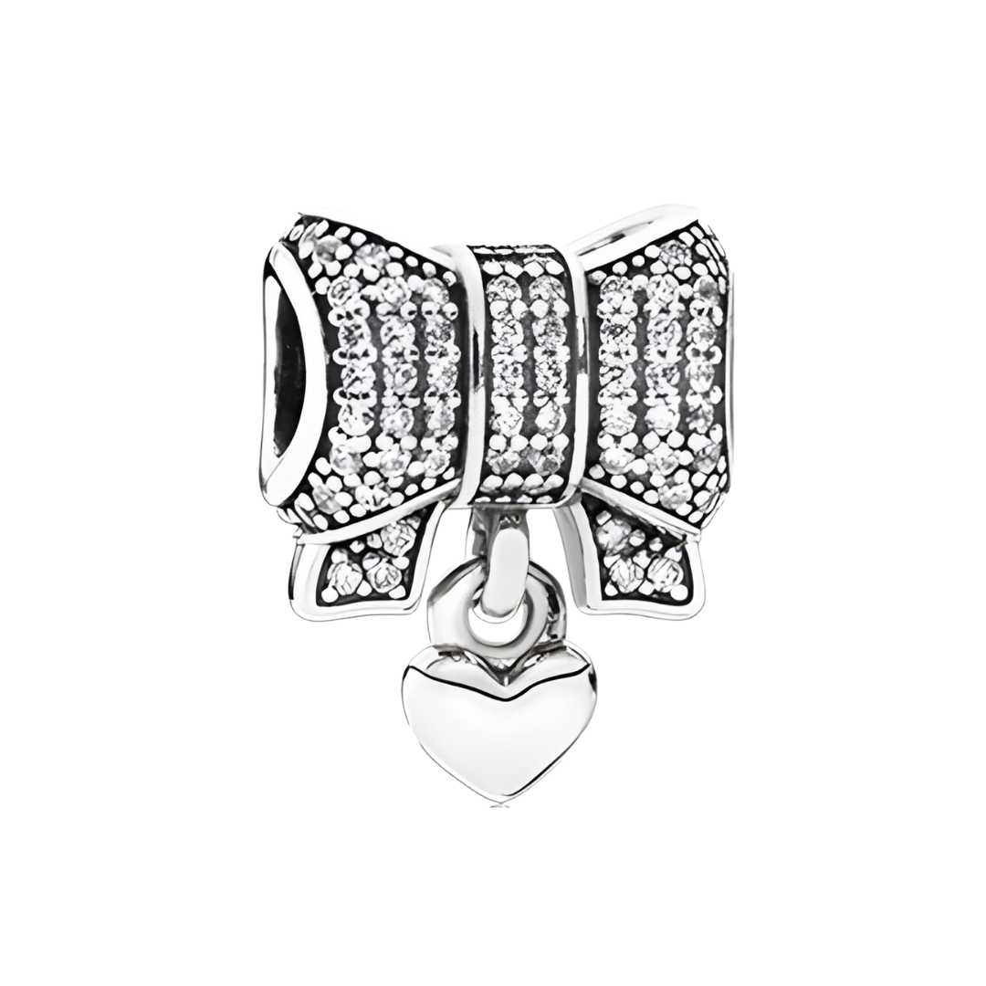 Onhand Best Seller Charm (s873-B-B): Bow Silver Charm With Clear Cubic Zirconia And Heart