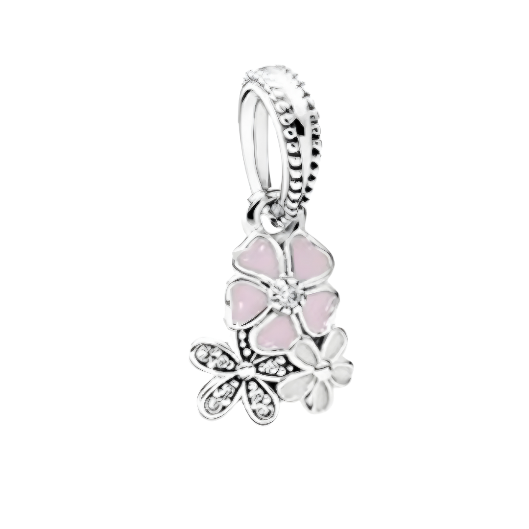 Onhand Best Seller Charm (s914-B-B): Silver Poetic Blooms With Mixed Enamel And Clear Cz Pendant