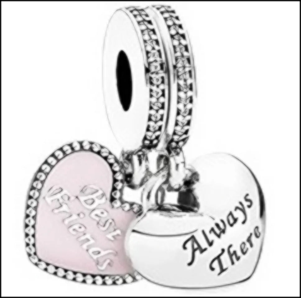 Onhand Best Seller Charm (s1025): Silver Best Friends With Soft Pink Enamel And Clear Cz Dangle