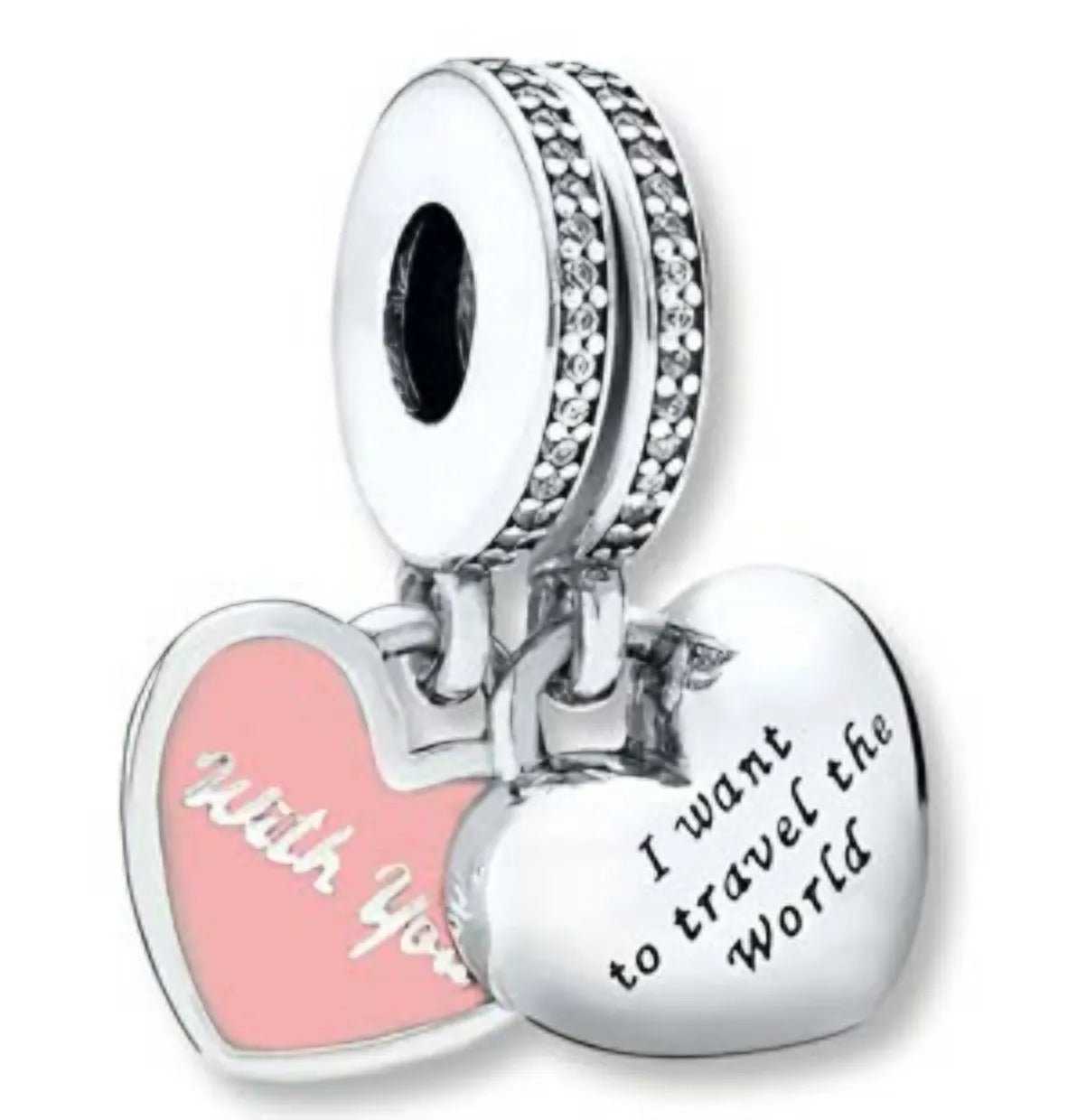 Onhand Best Seller Charm (s0802): Travel Together Forever,Pink Enamel And Clear Cz
