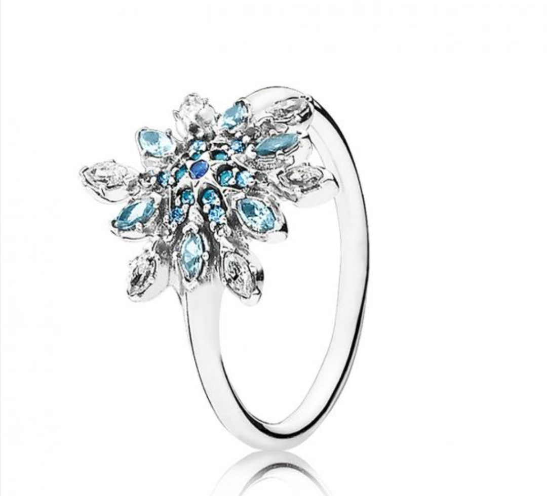 Onhand Best Seller (R763-6): Snowflake Silver Ring with Blue&Clear Cz size 6