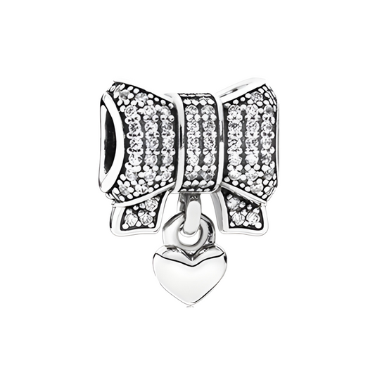 Onhand Best Seller Charm (s873-B-B): Bow Silver Charm With Clear Cubic Zirconia And Heart