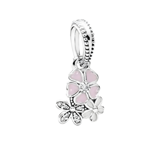 Onhand Best Seller Charm (s914-B-B): Silver Poetic Blooms With Mixed Enamel And Clear Cz Pendant